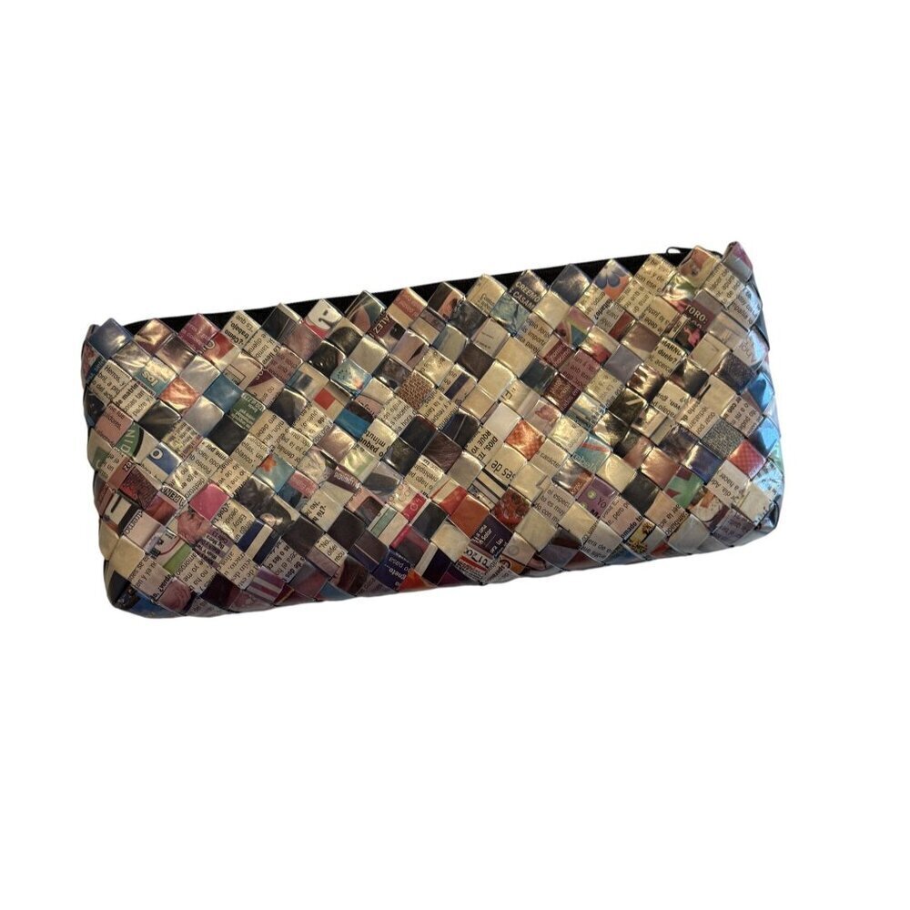 Handwoven Recycled Magazine Newspaper Clutch Bag With Zipper Closure